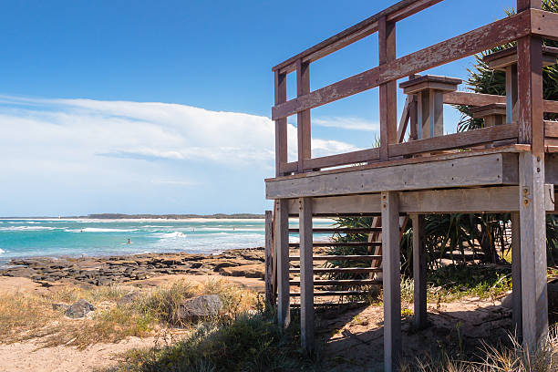 Stairs To The Boardwalk The stairs lead from the beach to the beautiful boardwalk on a beach in Caloundra, Queensland, Australia caloundra stock pictures, royalty-free photos & images
