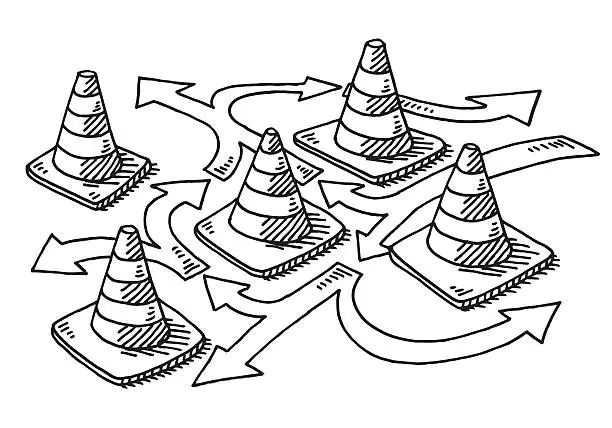 Vector illustration of Driving School Traffic Cone Arrow Drawing