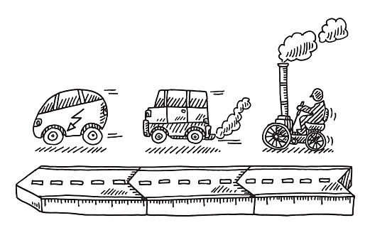 Hand-drawn vector drawing of the Evolution Of The Car. Black-and-White sketch on a transparent background (.eps-file). Included files are EPS (v10) and Hi-Res JPG.