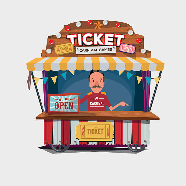 Ticket cart or booth in carnival festival. vintage Ticket cart or booth in carnival festival. vintage and retro style with seller .character design. Ticket man. sellers shop - vector illustration admit stock illustrations