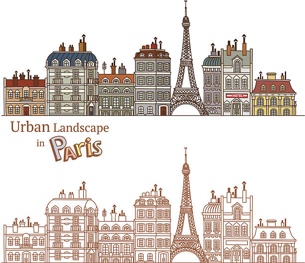 Drawn Cityscape in Paris Design of urban landscape and typical Parisian architecture. Freehand illustrations set. paris france illustrations stock illustrations