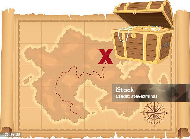 Ilustración de Mapa Del Tesoro Y Tesoro y más Vectores Libres de Derechos de Mapa del tesoro - Mapa del tesoro, Cofre del tesoro, Mapa