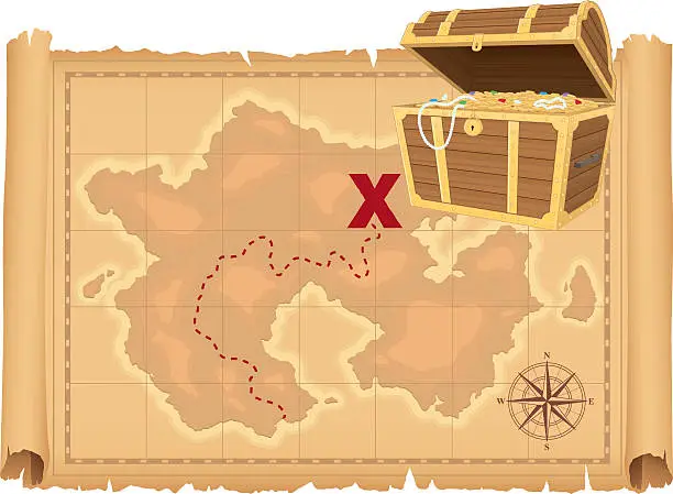 Vector illustration of Treasure Map and Treasure