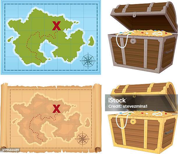 Ilustración de Cajas Del Tesoro y más Vectores Libres de Derechos de Mapa del tesoro - Mapa del tesoro, Recortable, Abierto