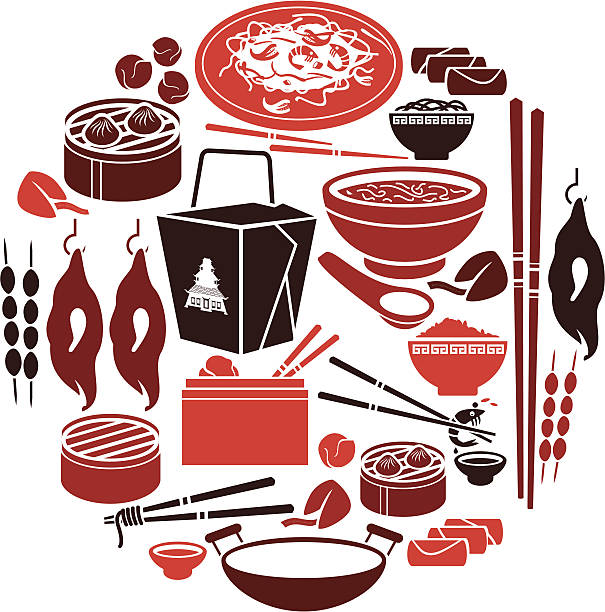 ilustraciones, imágenes clip art, dibujos animados e iconos de stock de conjunto de iconos de comida china - chinese cuisine