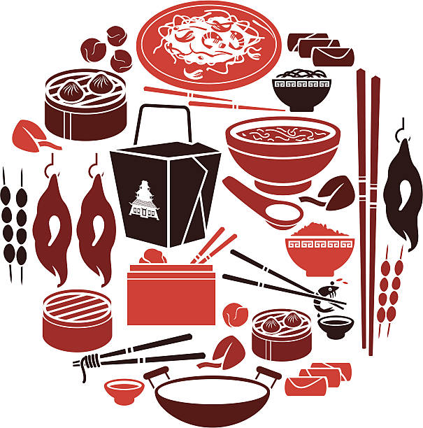 illustrazioni stock, clip art, cartoni animati e icone di tendenza di set di icona cibo cinese - chinese cuisine