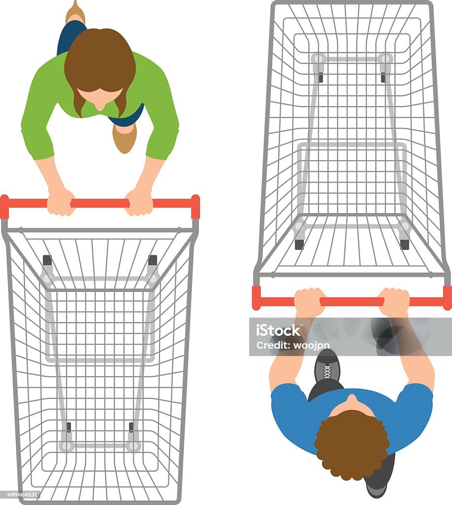 Vista de arriba de hombre y mujer empujando carros vacío - arte vectorial de Carrito de la compra libre de derechos