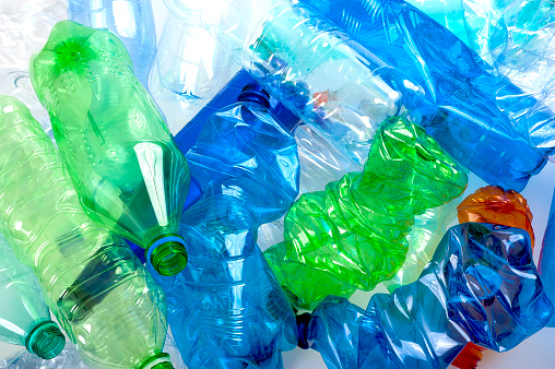 crushed multicolored plastic bottles  background