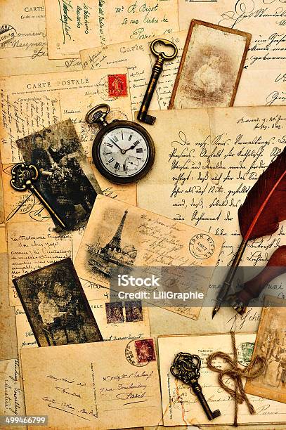 Old Post Cards Letters And Photos Stock Photo - Download Image Now - Scrapbook, 1900, Paris - France