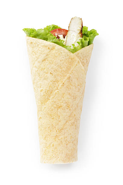 tortilla chicken wrap tortilla chicken wrap, directly above on white background pita bread isolated stock pictures, royalty-free photos & images