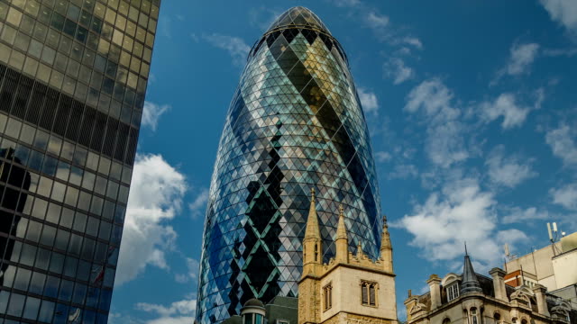 Close-up timelapse view of The Gherkin, London