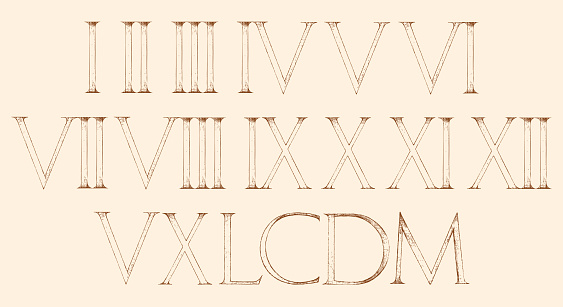 Roman numbers set. Modern Roman Classic number with a Method of Geometrical Construction for Large letters. Font Latin Greece Antique.