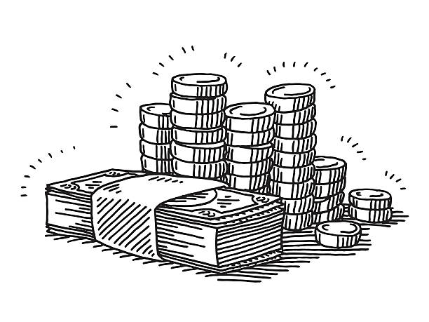 Money Banknotes And Coins Drawing Hand-drawn vector drawing of Money Banknotes And Coins. Black-and-White sketch on a transparent background (.eps-file). Included files are EPS (v10) and Hi-Res JPG. change drawings stock illustrations