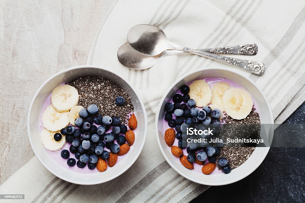 Breakfast from yogurt with berries, banana, almonds and chia seeds Yogurt with berries, banana, almonds and Chia seeds, bowl of healthy Breakfast every morning, vintage style, superfood and detox concept, top view Chia seed Stock Photo