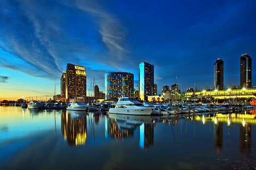 Beautiful view of San Diego skyline with harbor at sunset