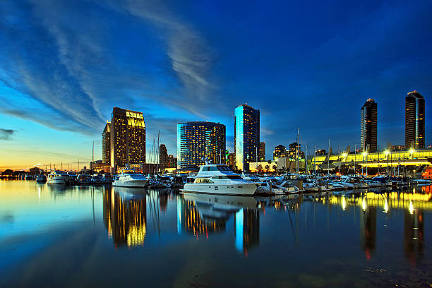 Beautiful view of San Diego skyline with harbor at sunset Convention Center Marina at sunset, San Diego, California, USA. Taken 16 March 2015. marina stock pictures, royalty-free photos & images