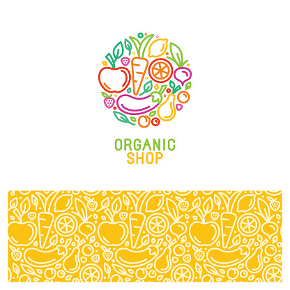 Vector design elements and seamless patterns in trend linear style for organic and natural shop and market - logo template and abstract background with icons