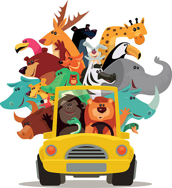 lion and friends driving vector illustration of happy lion and friends driving…  car clipart stock illustrations