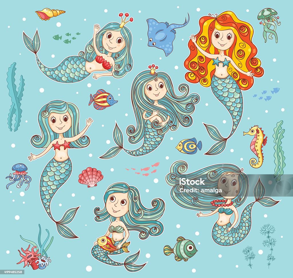 Cute vector set with mermaids Cute vector set with happy mermaids. Cartoon illustration. 2015 stock vector