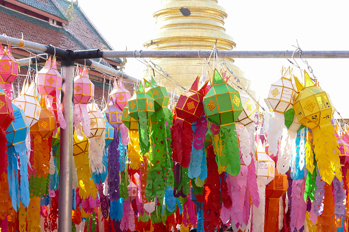 colorful paper lantern decoration for Yeepeng festival at temple in Thailand