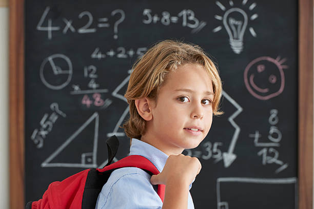 istock Student with schoolbag in front of black board 499486638