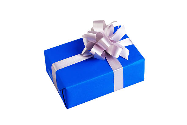 istock Gift wrapped in blue box with silver ribbon 499489026