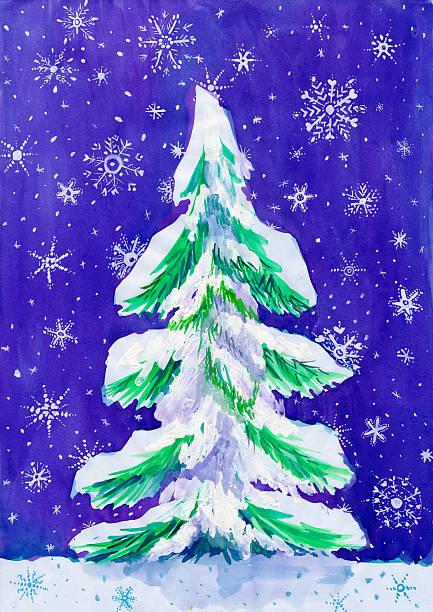istock christmas fir tree with snow on dark, watercolor painting 499489752