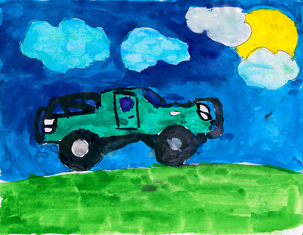 istock car on meadow and sun, childish watercolor paint 499489920