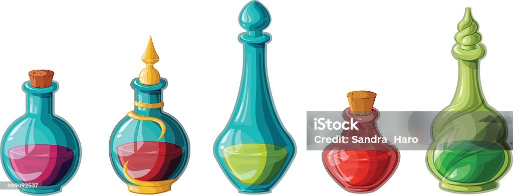 Magic potions Group of potion bottles of different colors and forms. Alchemist stock vector