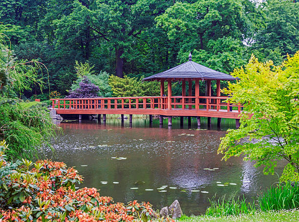 Red bridge with a view pavilion, yumedono bashi, japanese gar