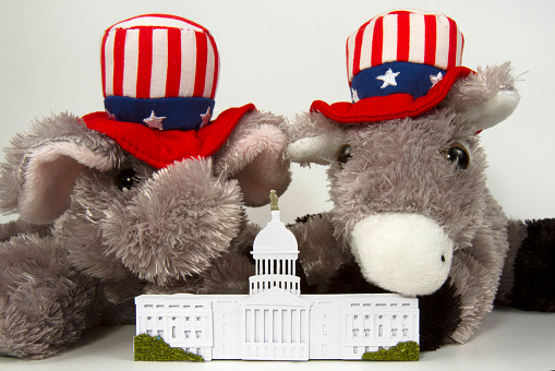 Replica of the US Capitol building with the Republican Elephant and Democrat Donkey