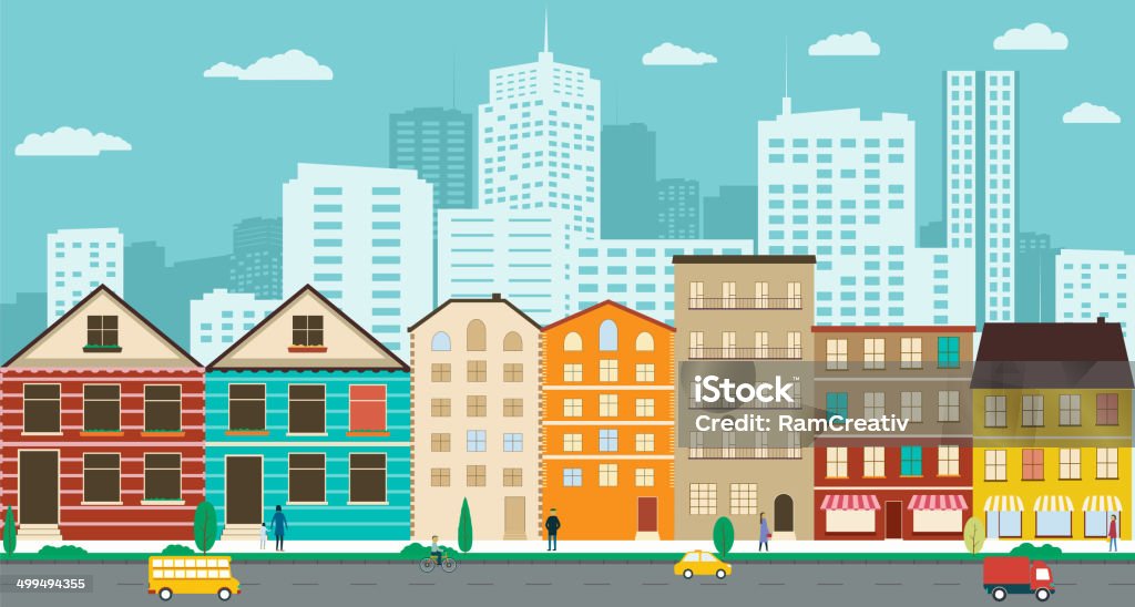 Town streets with views of the skyscrapers Town streets with views of the skyscrapers in a flat design. Illustration City stock vector