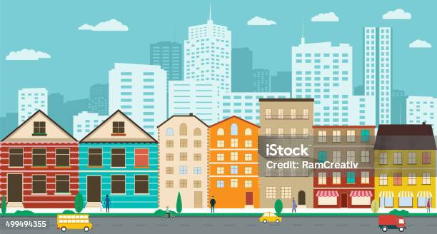 Town Streets With Views Of The Skyscrapers Stock Illustration - Download Image Now - City, Adult, Apartment