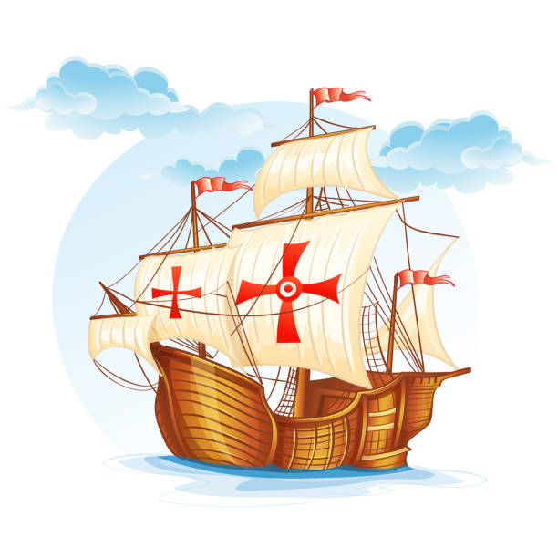 illustrazioni stock, clip art, cartoni animati e icone di tendenza di fumetto immagine di una barca a vela di spagna xv secolo - navy nautical vessel sea spinnaker