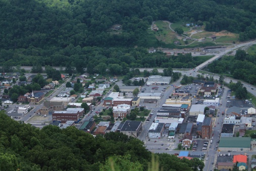 View of the small town of Pinevile, Kentucky, located in southeastern part of the state, from Pine Mountain State Park, Chained Rock.