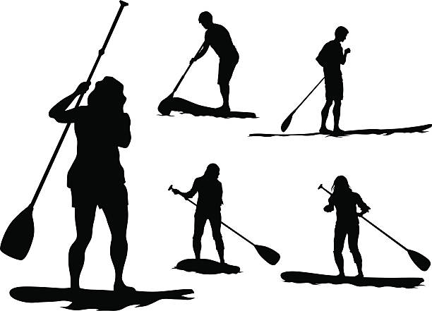 Surfboard with paddle Athletes on a surfboard with a paddle on white background paddleboard stock illustrations