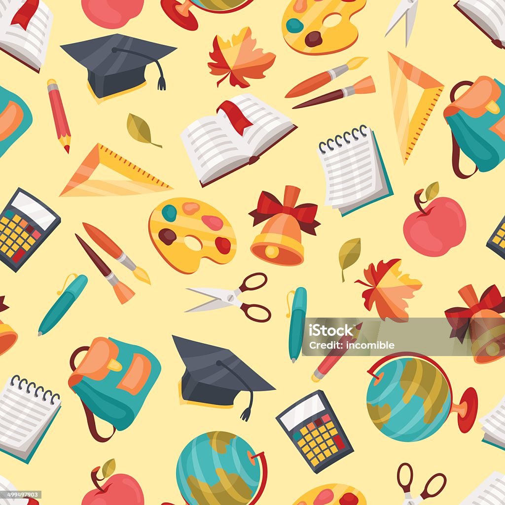 School seamless pattern with education icons and symbols. Apple - Fruit stock vector