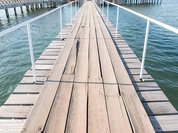 istock Wood bridge with eye line on blue sea 499507526