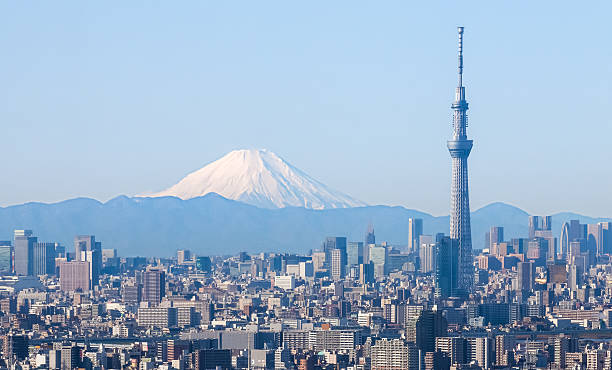 東京の街の眺め、東京スカイツリーと山藤 - tokyo tower ストックフォトと画像
