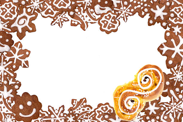 christmas frame with gingerbread cookies and saffron bun. - lussebulle bildbanksfoton och bilder