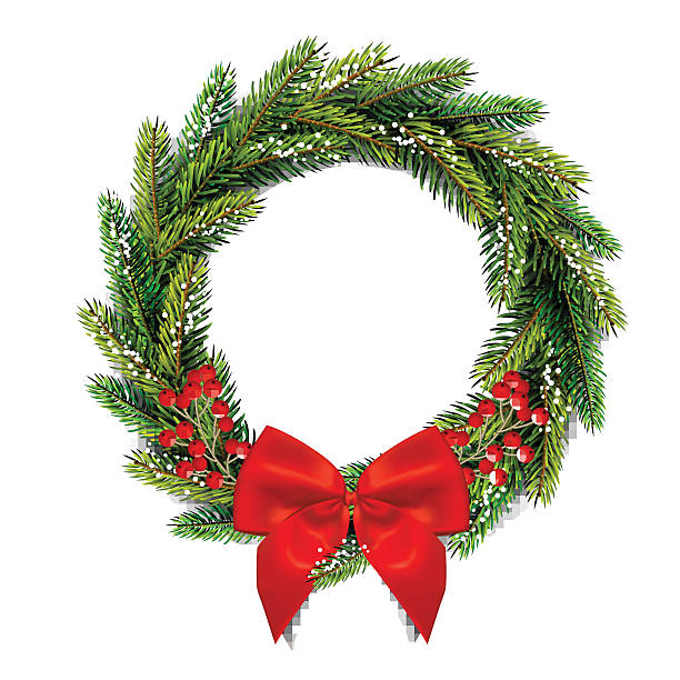weihnachtskranz mit schleife und roten beeren. - wreath stock-grafiken, -clipart, -cartoons und -symbole