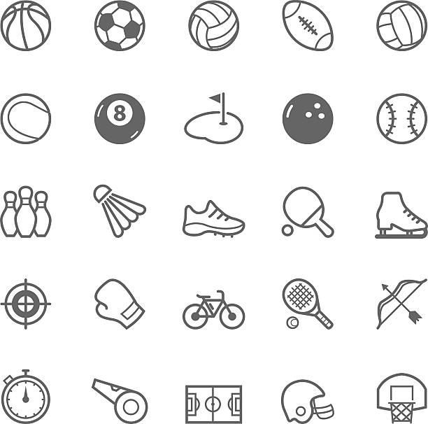 ilustraciones, imágenes clip art, dibujos animados e iconos de stock de conjunto de iconos de deporte de contorno accidente cerebrovascular - shoe bow baseball sport