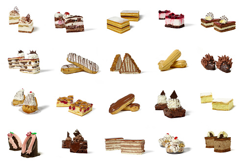 array of twenty different types of pastry products, grouped in twos, on a white background