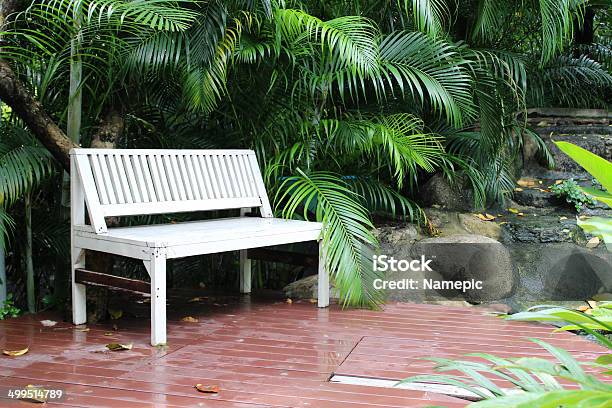 White Bench In Garden Stock Photo - Download Image Now - Beauty, Beauty In Nature, Bench