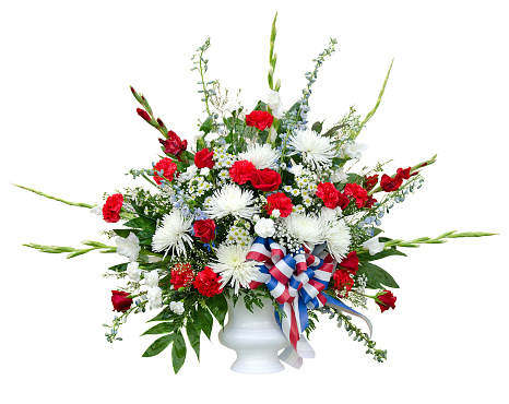 Colorful flower bouquet arrangement in vase isolated on white