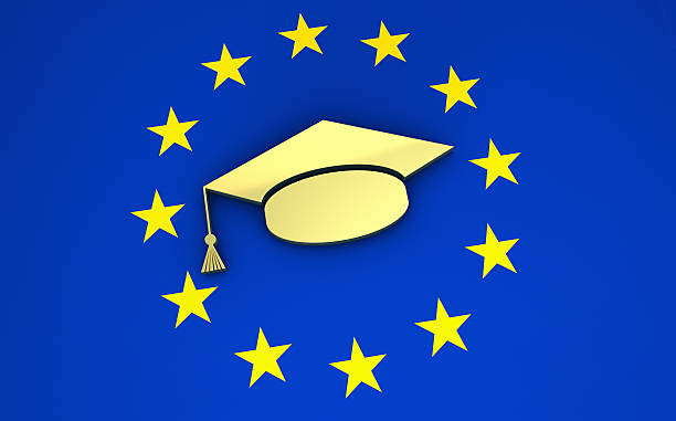 Education And School System In Europe European education, university and school system in Europe concept with EU flag and college hat symbol. desiderius erasmus stock pictures, royalty-free photos & images