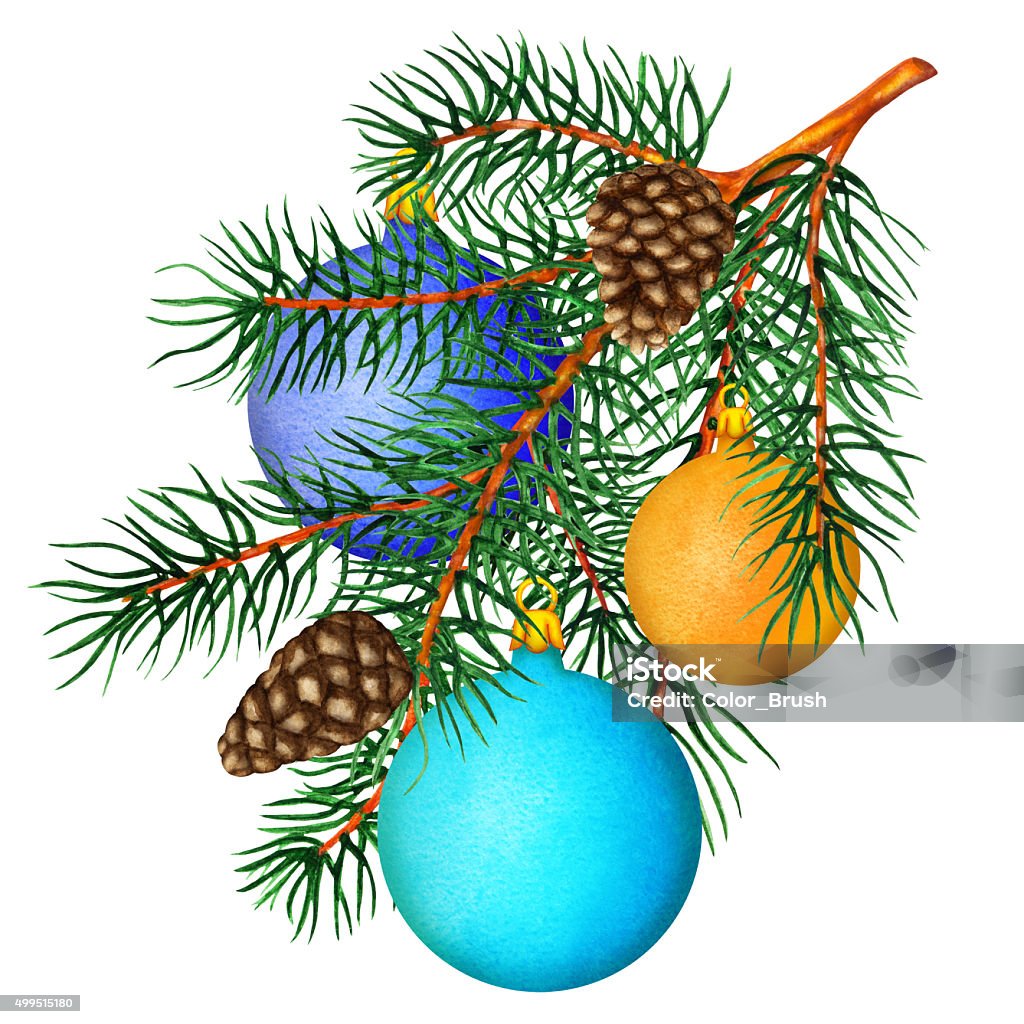 Watercolor pine tree branch, balls, cones Watercolor pine tree branch, balls, cones. Closeup isolated on white background. Christmas decoration. Hand painting on paper 2015 stock illustration