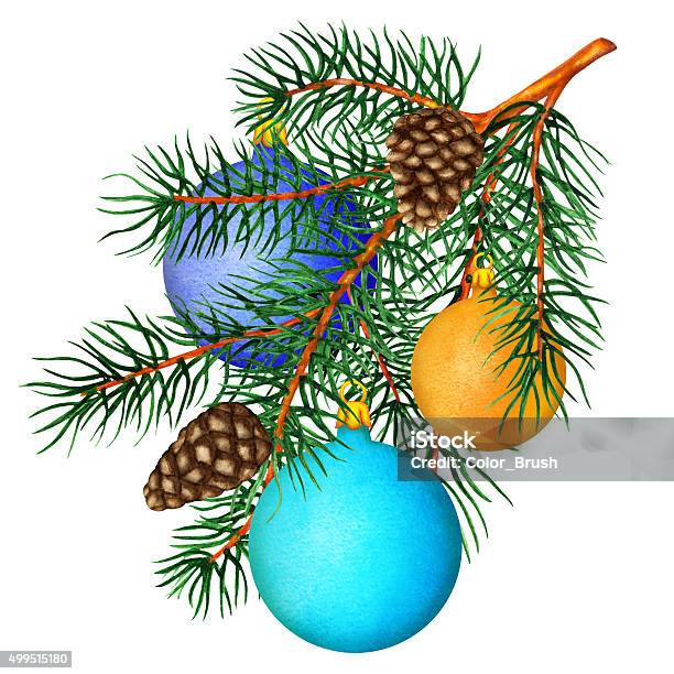 Watercolor Pine Tree Branch Balls Cones Stock Illustration - Download Image Now - 2015, Autumn Leaf Color, Backgrounds