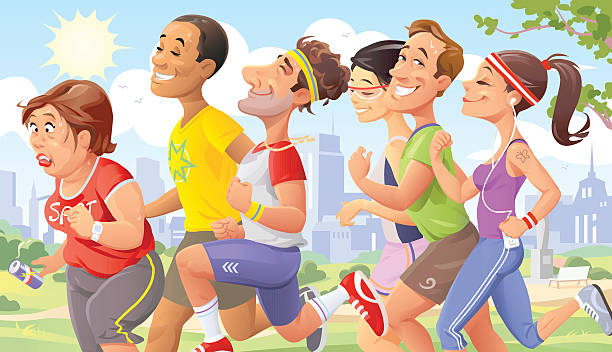 Jogging In The Park Six people jogging in the park on a sunny day. EPS 8, everything grouped and labeled in layers. cartoon of the physical fitness stock illustrations