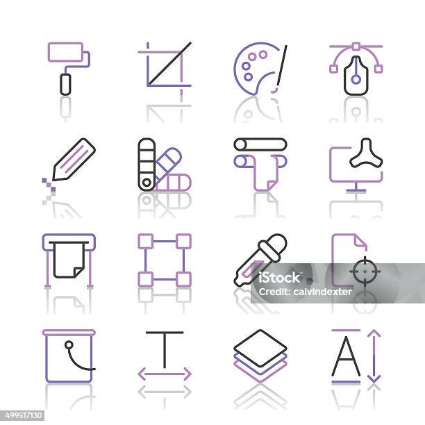 Art And Design Icons Set 1 Purple Line Series Stock Illustration - Download Image Now - Icon Symbol, Printmaking Technique, Printing Press